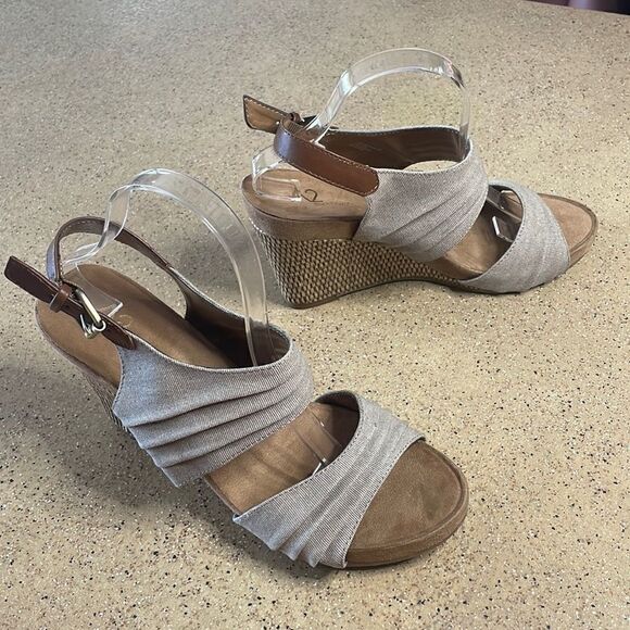 A2 By Aerosoles Shoes - A2 AEROSOLES "May Plush" in Tan Canvas w Woven Grass Wrapped Wedge Heel Sandals